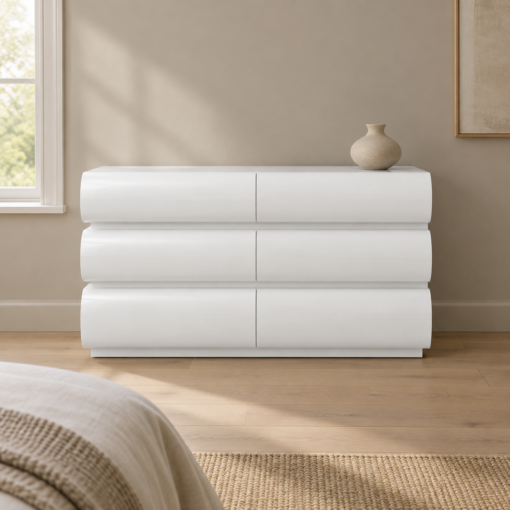6-Drawer Dresser, Handleless Modern Chest – White — styled bedroom, front view