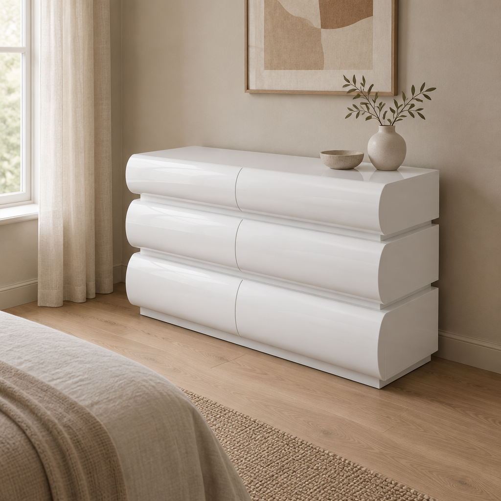 6-Drawer Dresser, Handleless Modern Chest – White — styled bedroom, three-quarter right view
