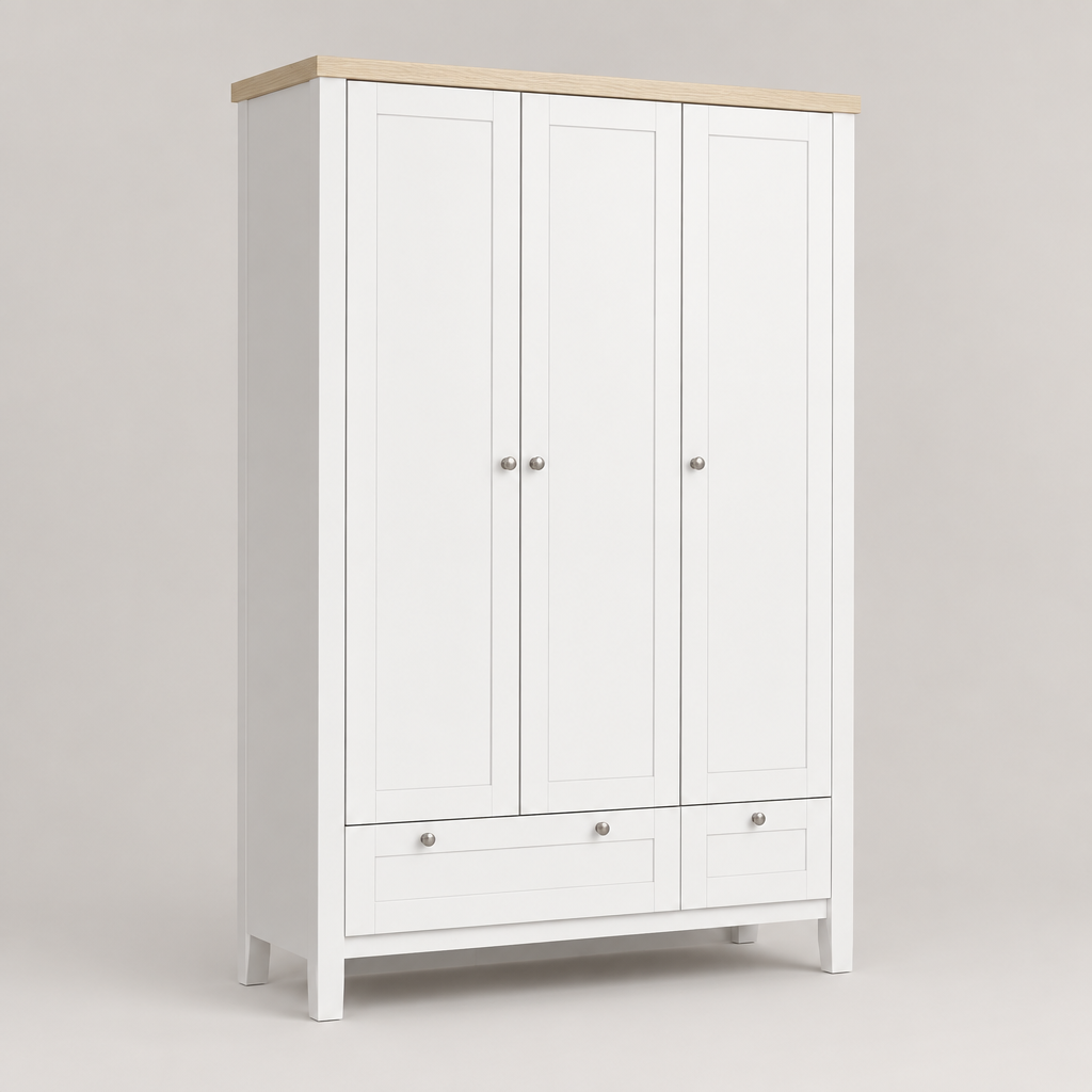 3-Door Wardrobe Closet with 2 Drawers & Lock – White — studio product photo, three-quarter view