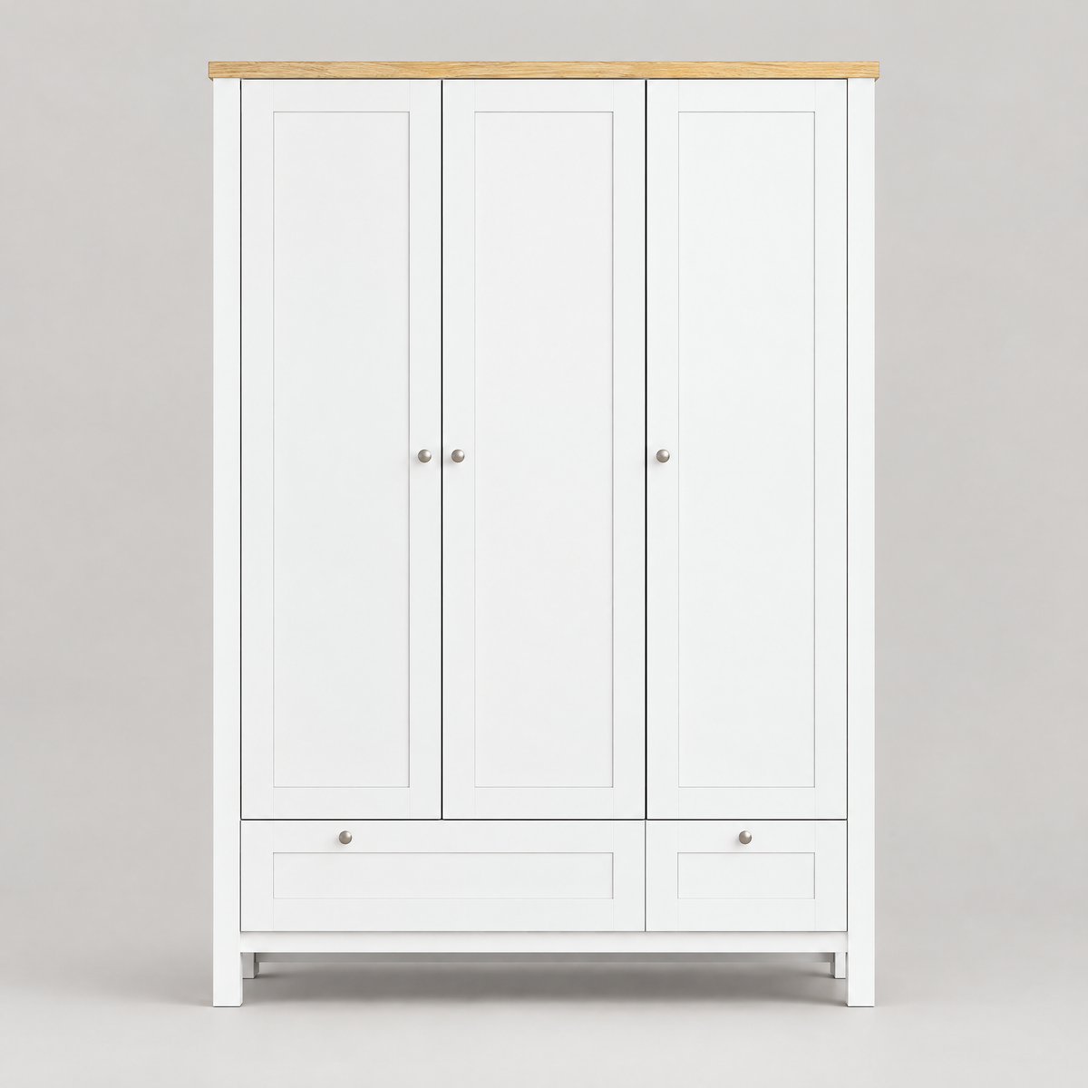3-Door Wardrobe Closet with 2 Drawers & Lock – White — studio product photo, front view