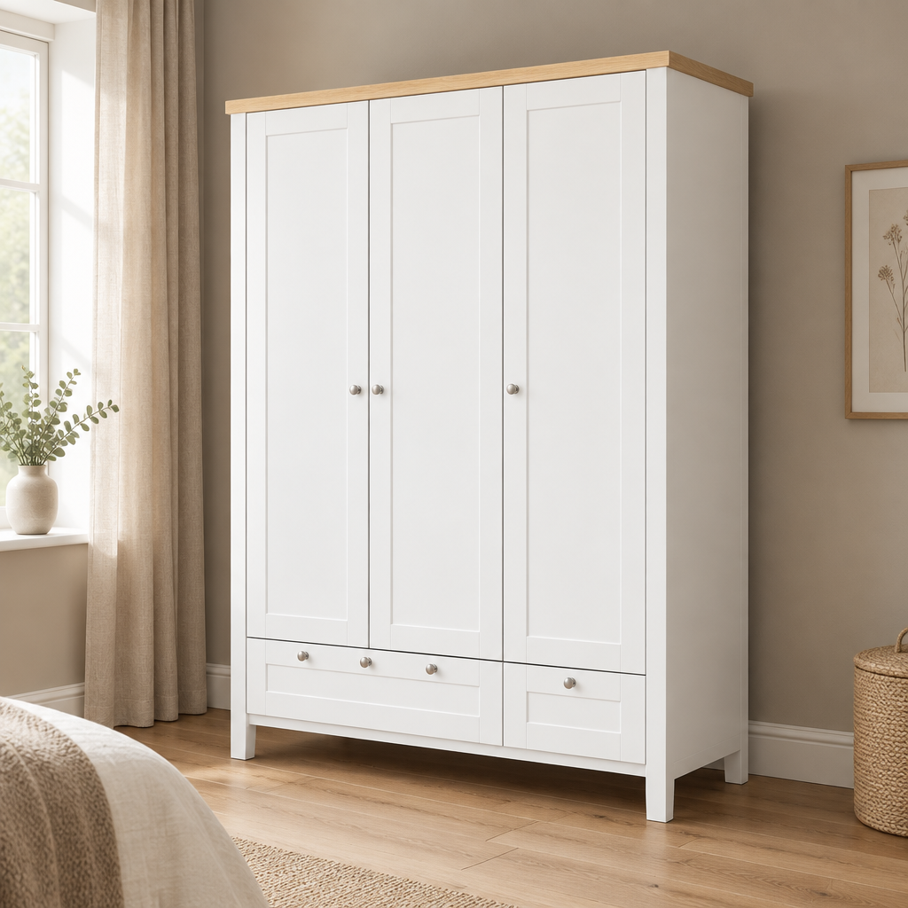 3-Door Wardrobe Closet with 2 Drawers & Lock – White — styled bedroom, three-quarter right view