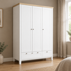 3-Door Wardrobe Closet with 2 Drawers & Lock – White — styled bedroom, three-quarter left view