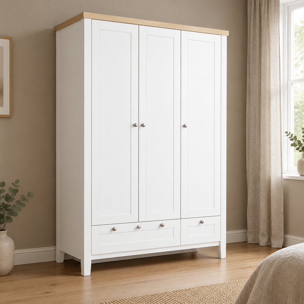 3-Door Wardrobe Closet with 2 Drawers & Lock – White — styled bedroom, three-quarter left view