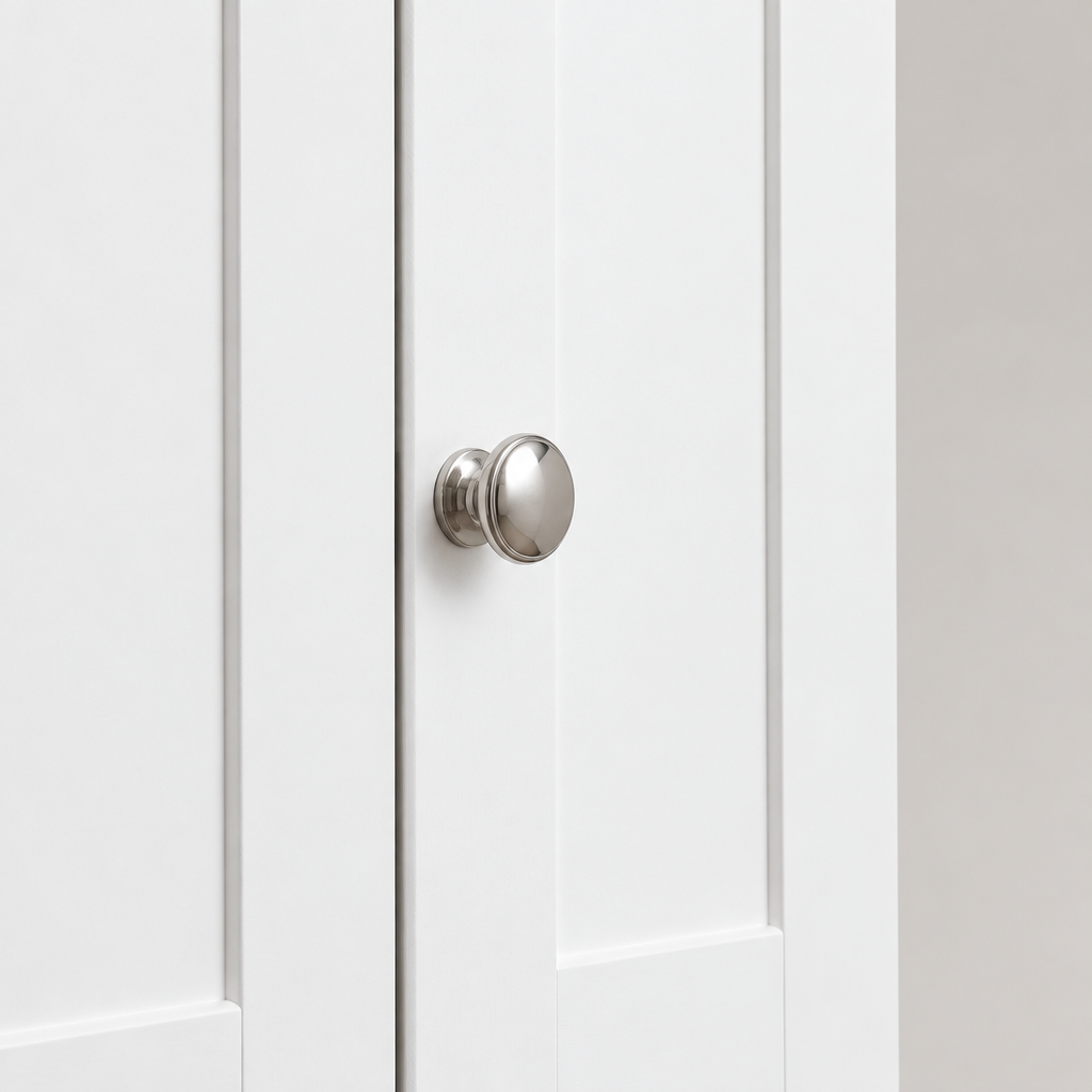 3-Door Wardrobe Closet with 2 Drawers & Lock – White — close-up detail of door panel and knob