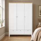 3-Door Wardrobe Closet with 2 Drawers & Lock – White — styled bedroom, front view