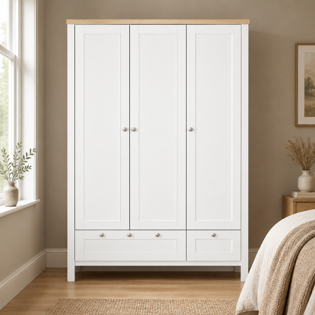 3-Door Wardrobe Closet with 2 Drawers & Lock – White — styled bedroom, front view