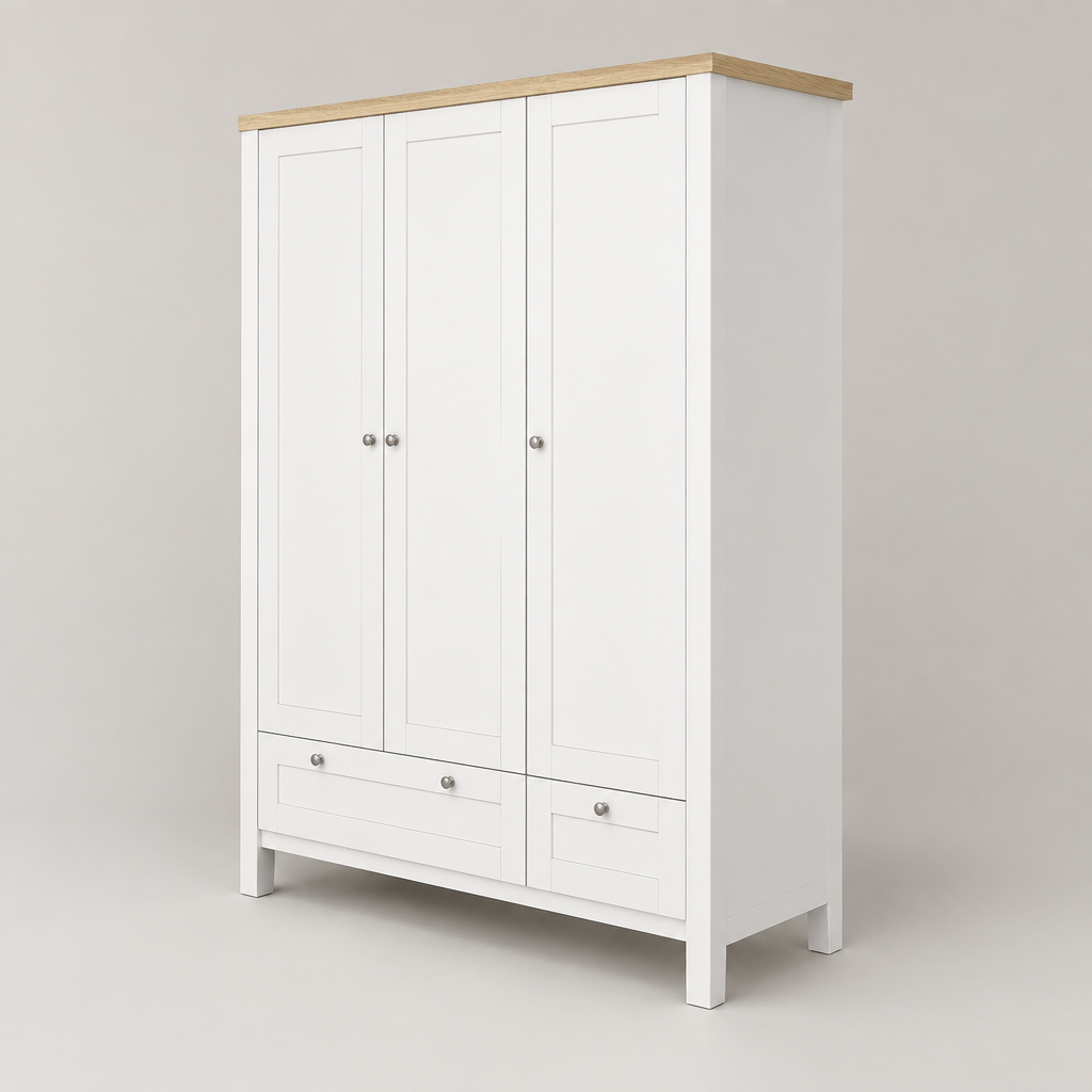 3-Door Wardrobe Closet with 2 Drawers & Lock – White — studio product photo, side profile