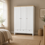 3-Door Wardrobe Closet with 2 Drawers & Lock – White — wider bedroom scene