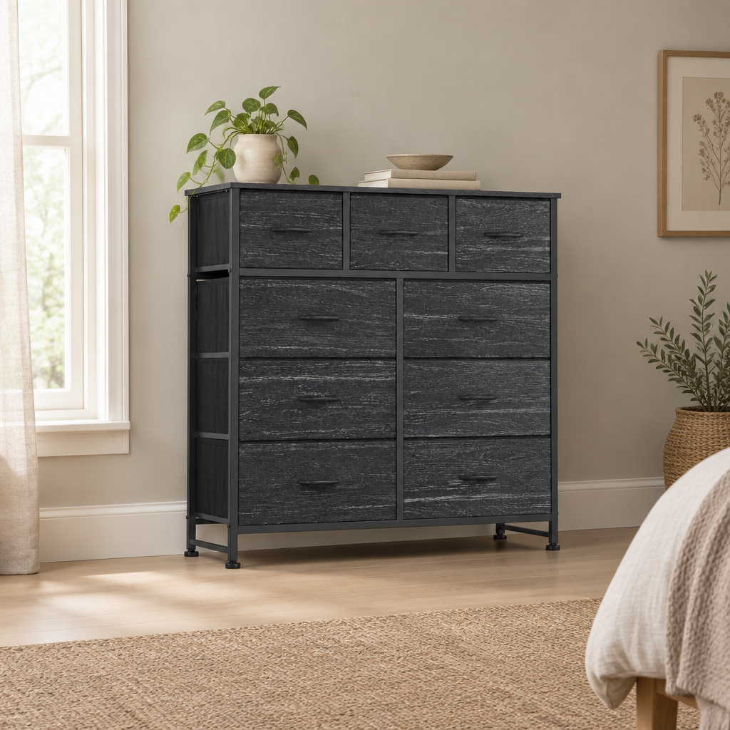 9-Drawer Fabric Dresser, Tall Chest Organizer — wider bedroom scene