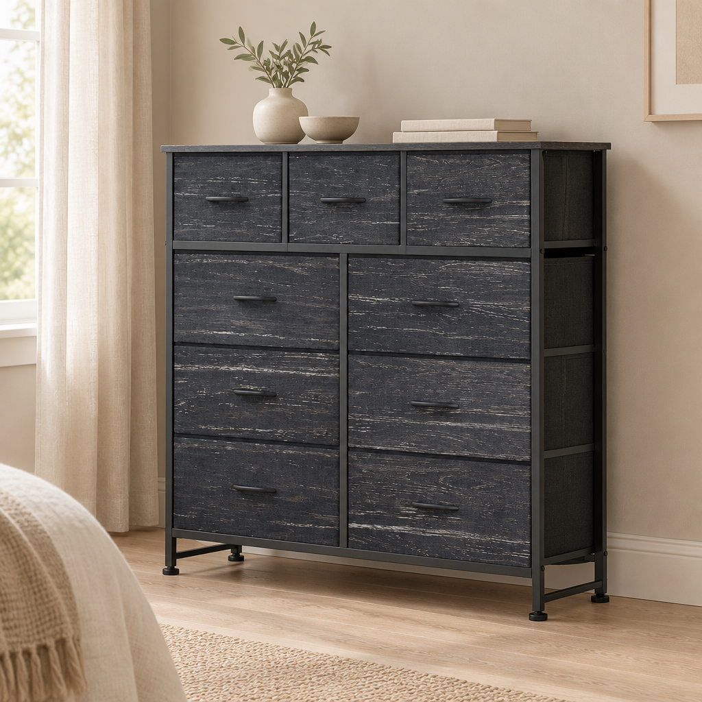 9-Drawer Fabric Dresser, Tall Chest Organizer — styled bedroom, three-quarter right view