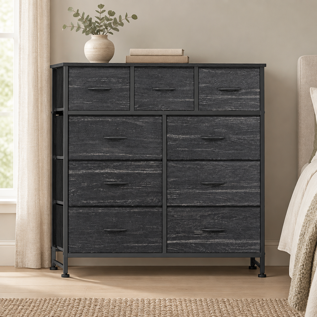 9-Drawer Fabric Dresser, Tall Chest Organizer — styled bedroom, front view