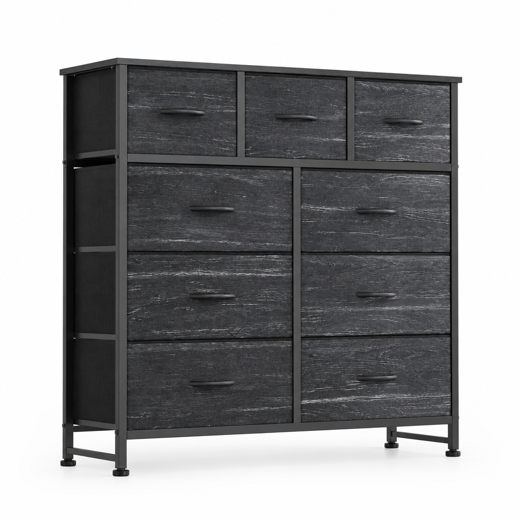 9-Drawer Fabric Dresser, Tall Chest Organizer — studio product photo, three-quarter view