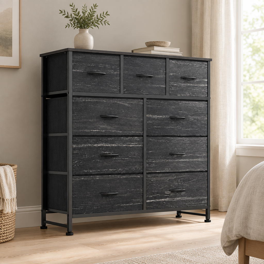 9-Drawer Fabric Dresser, Tall Chest Organizer — styled bedroom, three-quarter left view