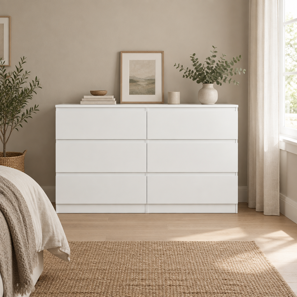 6-Drawer Dresser, Hidden-Handle Design – White — wider bedroom scene