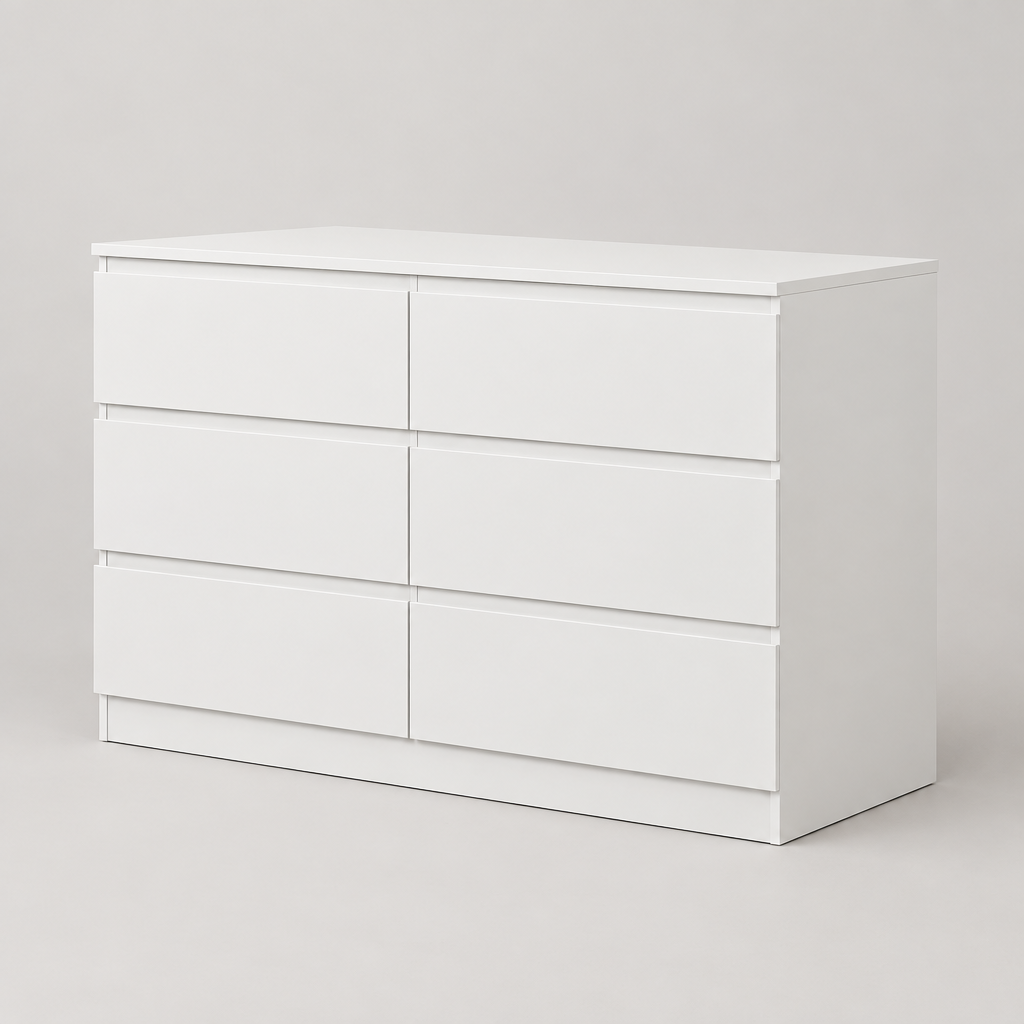 6-Drawer Dresser, Hidden-Handle Design – White — studio product photo, side profile