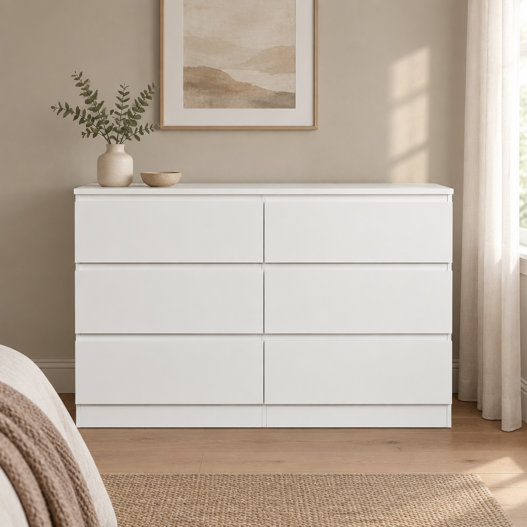 6-Drawer Dresser, Hidden-Handle Design – White — styled bedroom, front view
