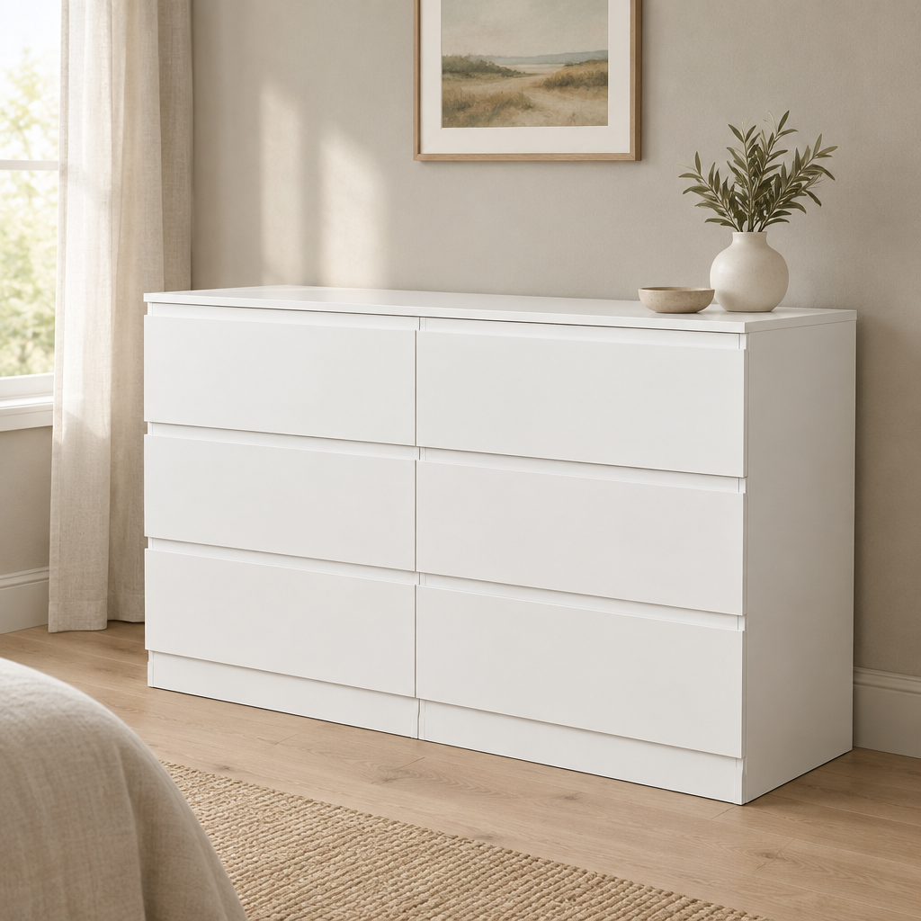 6-Drawer Dresser, Hidden-Handle Design – White — styled bedroom, three-quarter right view