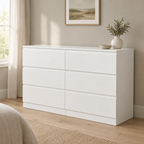 6-Drawer Dresser, Hidden-Handle Design – White — styled bedroom, three-quarter right view