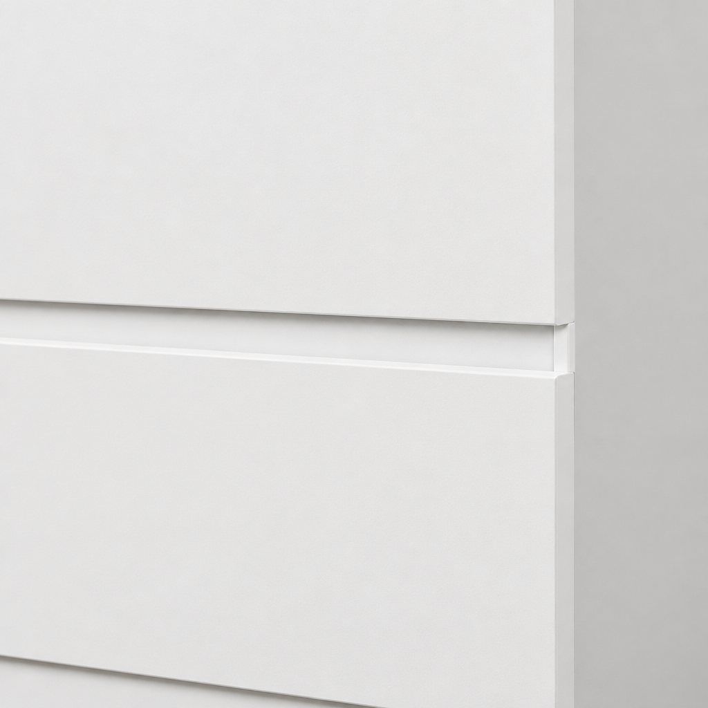 6-Drawer Dresser, Hidden-Handle Design – White — close-up detail of hidden-handle drawer edge