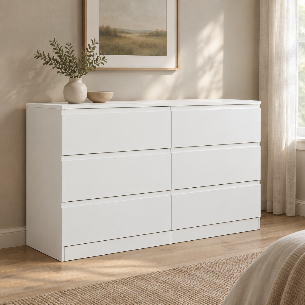 6-Drawer Dresser, Hidden-Handle Design – White — styled bedroom, three-quarter left view