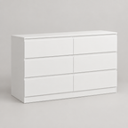 6-Drawer Dresser, Hidden-Handle Design – White — studio product photo, three-quarter view