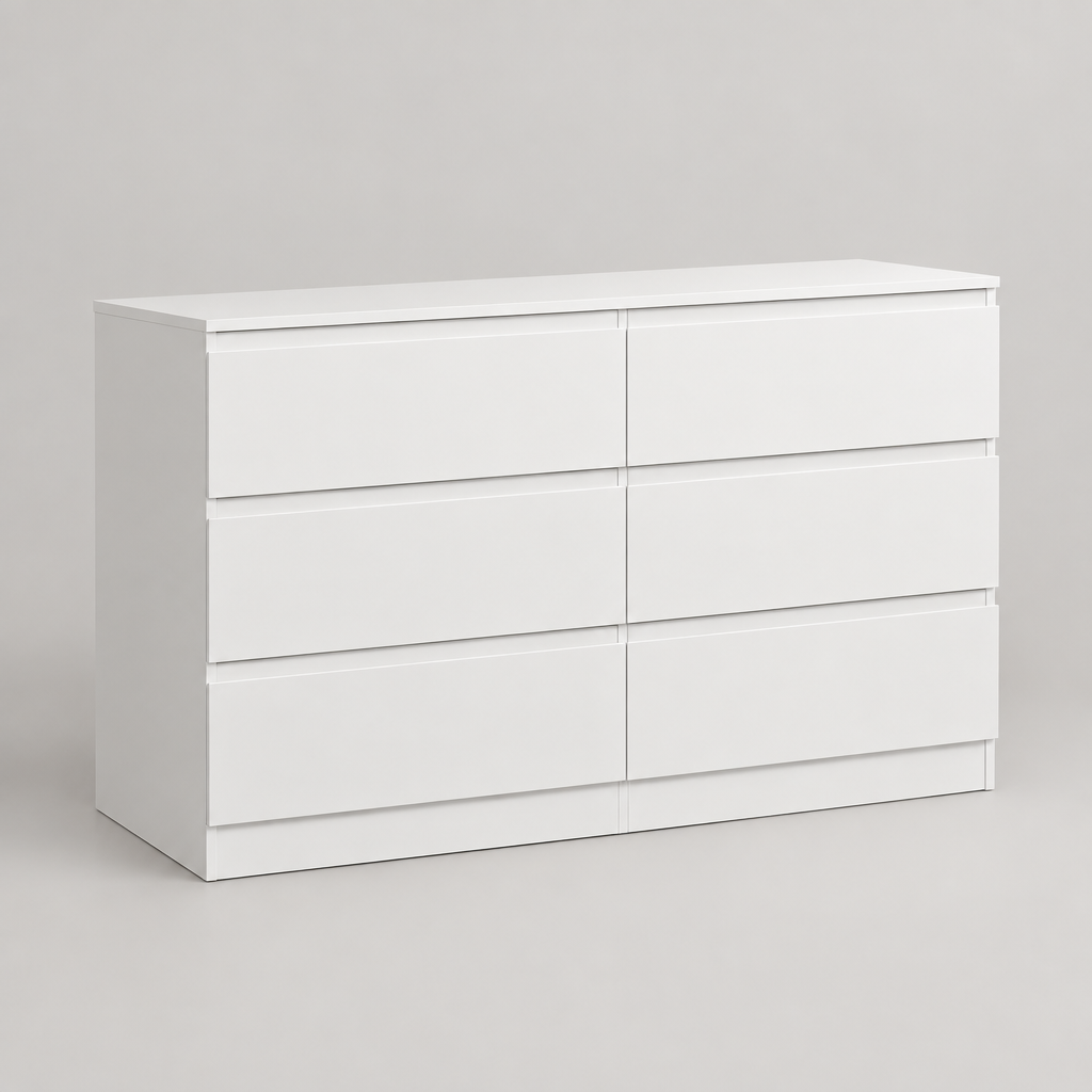 6-Drawer Dresser, Hidden-Handle Design – White — studio product photo, three-quarter view