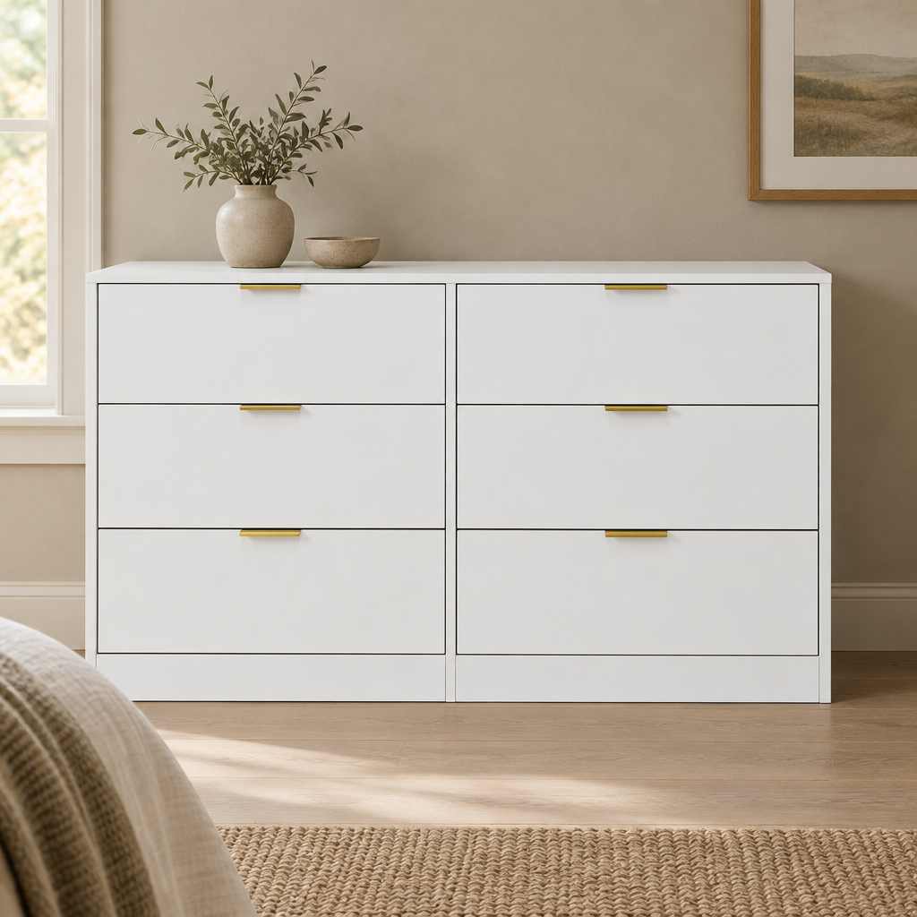 6-Drawer Dresser, Simply Modern Chest – White — styled bedroom, front view
