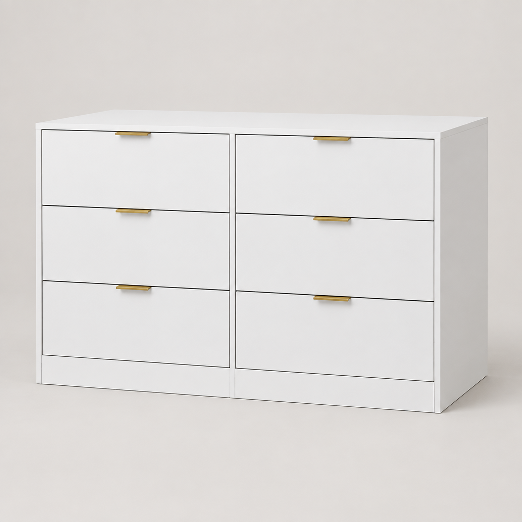 6-Drawer Dresser, Simply Modern Chest – White — studio product photo, three-quarter view
