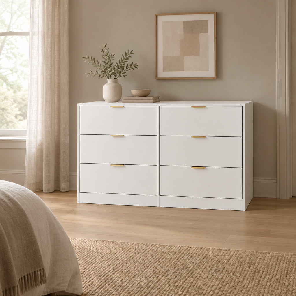 6-Drawer Dresser, Simply Modern Chest – White — wider bedroom scene