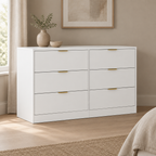 6-Drawer Dresser, Simply Modern Chest – White — styled bedroom, three-quarter left view