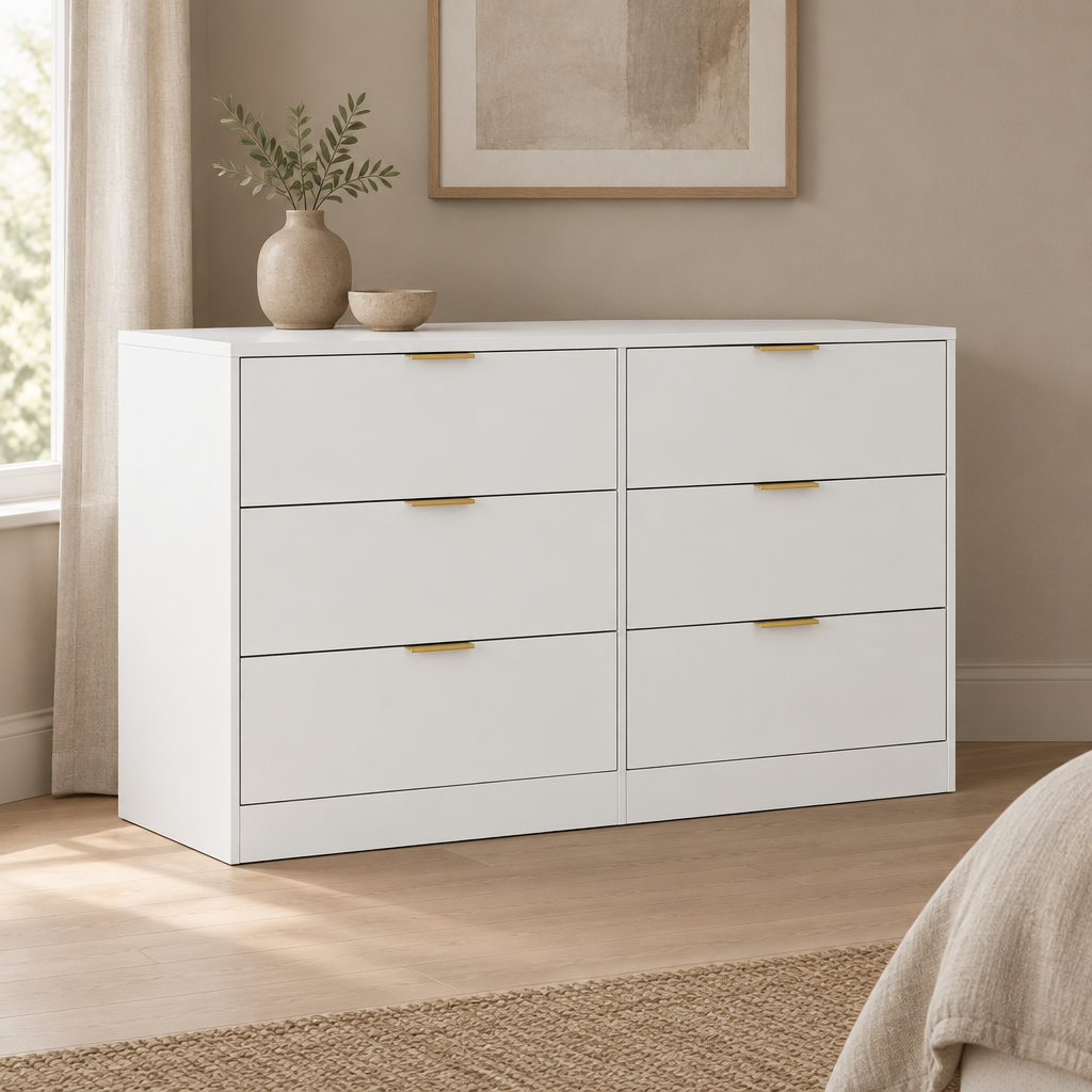 6-Drawer Dresser, Simply Modern Chest – White — styled bedroom, three-quarter left view
