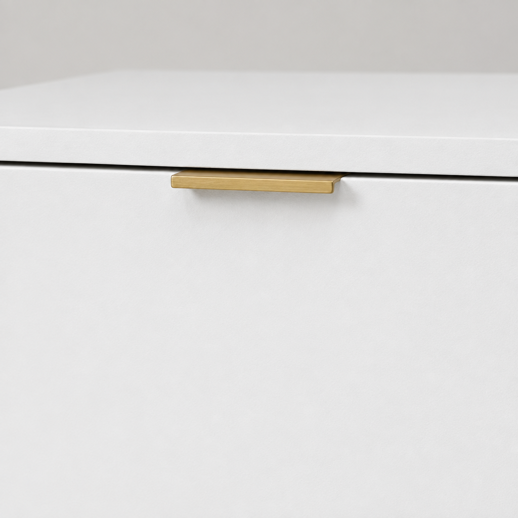 6-Drawer Dresser, Simply Modern Chest – White — close-up detail of drawer front and gold pull