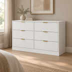 6-Drawer Dresser, Simply Modern Chest – White — styled bedroom, three-quarter right view