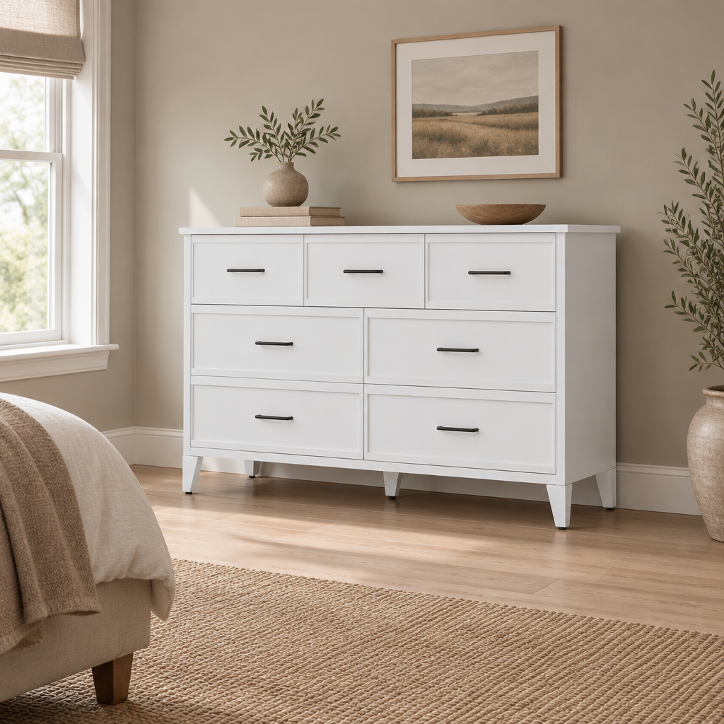 7-Drawer Metal Dresser, Wide Low-Profile – White — wider bedroom scene