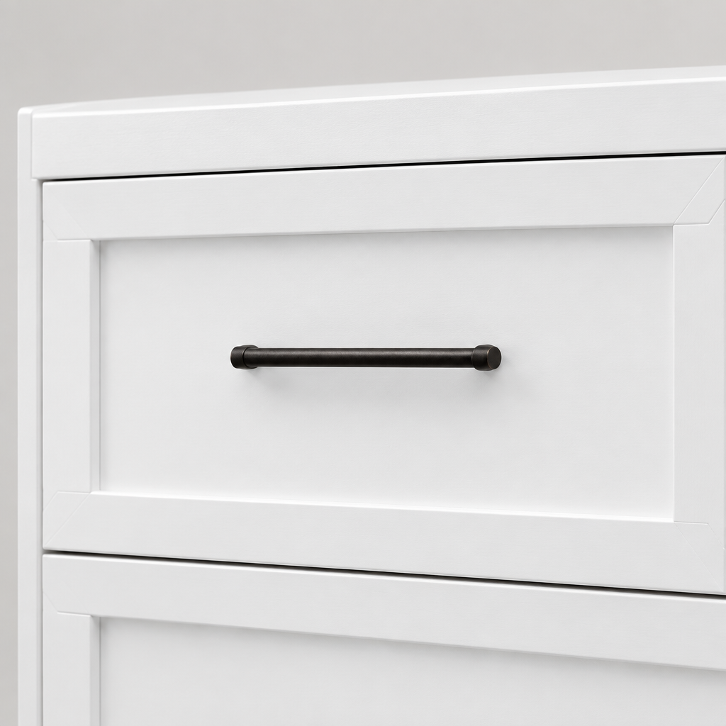 7-Drawer Metal Dresser, Wide Low-Profile – White — close-up detail of drawer front and pull