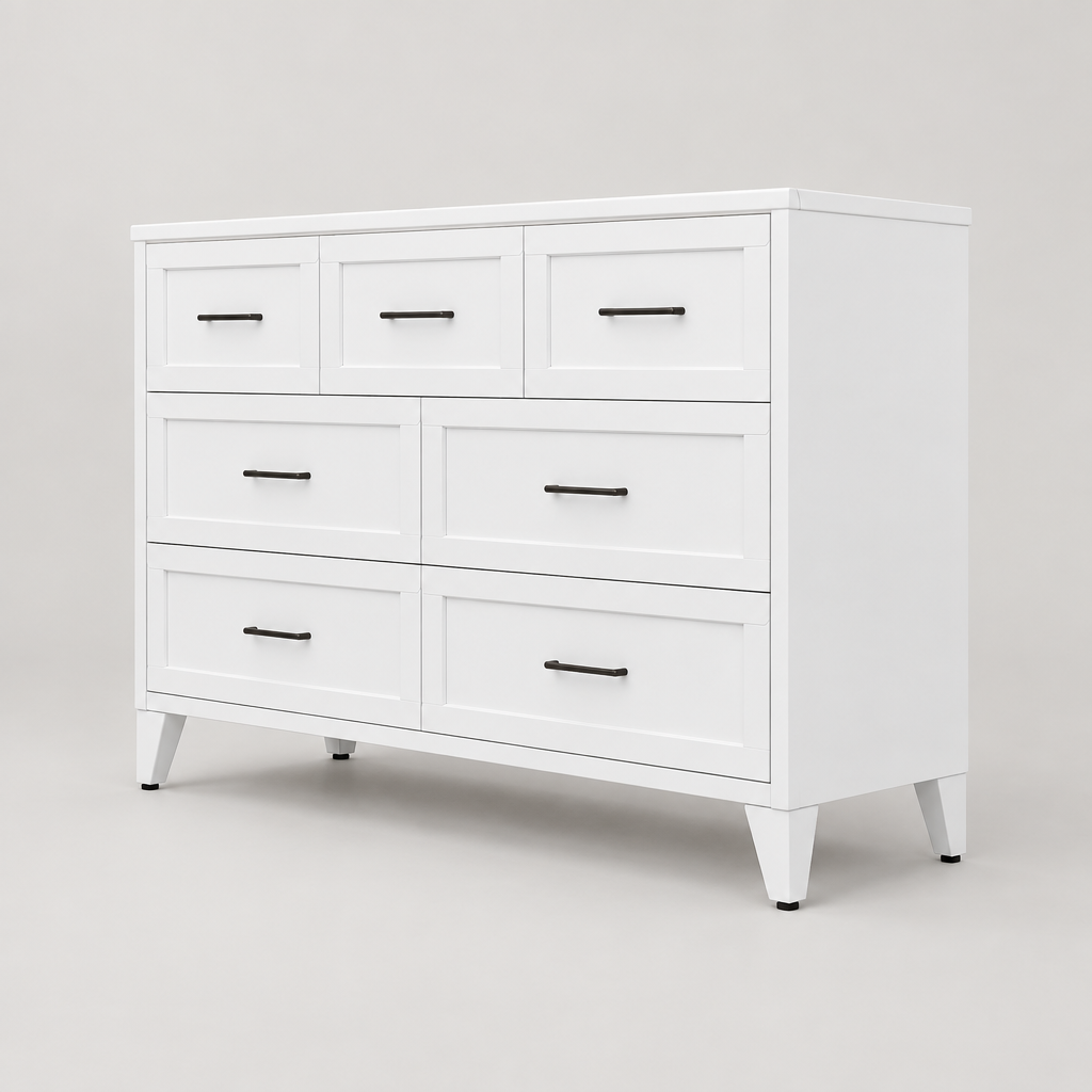 7-Drawer Metal Dresser, Wide Low-Profile – White — studio product photo, side profile