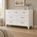 7-Drawer Metal Dresser, Wide Low-Profile – White — styled bedroom, three-quarter left view