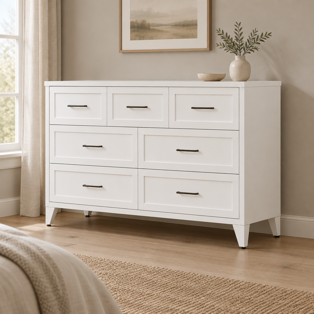 7-Drawer Metal Dresser, Wide Low-Profile – White — styled bedroom, three-quarter left view