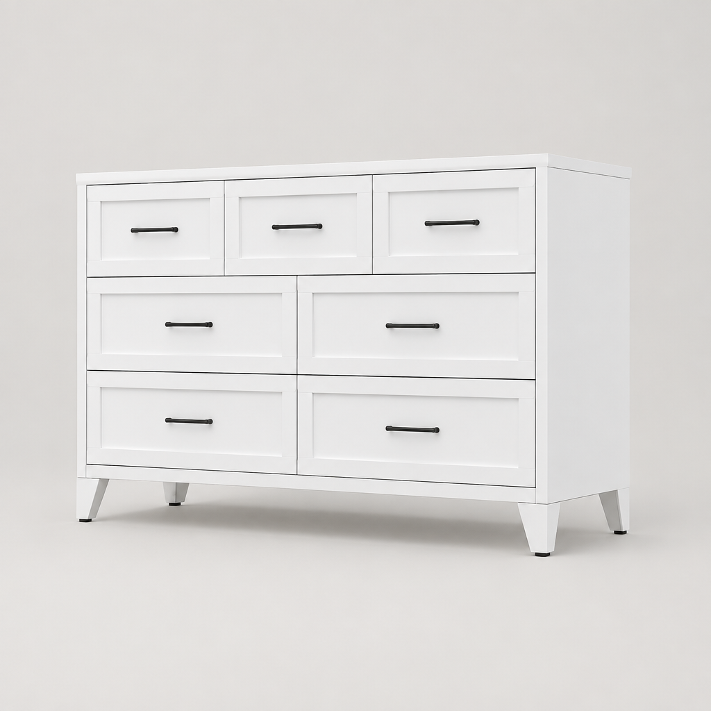 7-Drawer Metal Dresser, Wide Low-Profile – White — studio product photo, three-quarter view