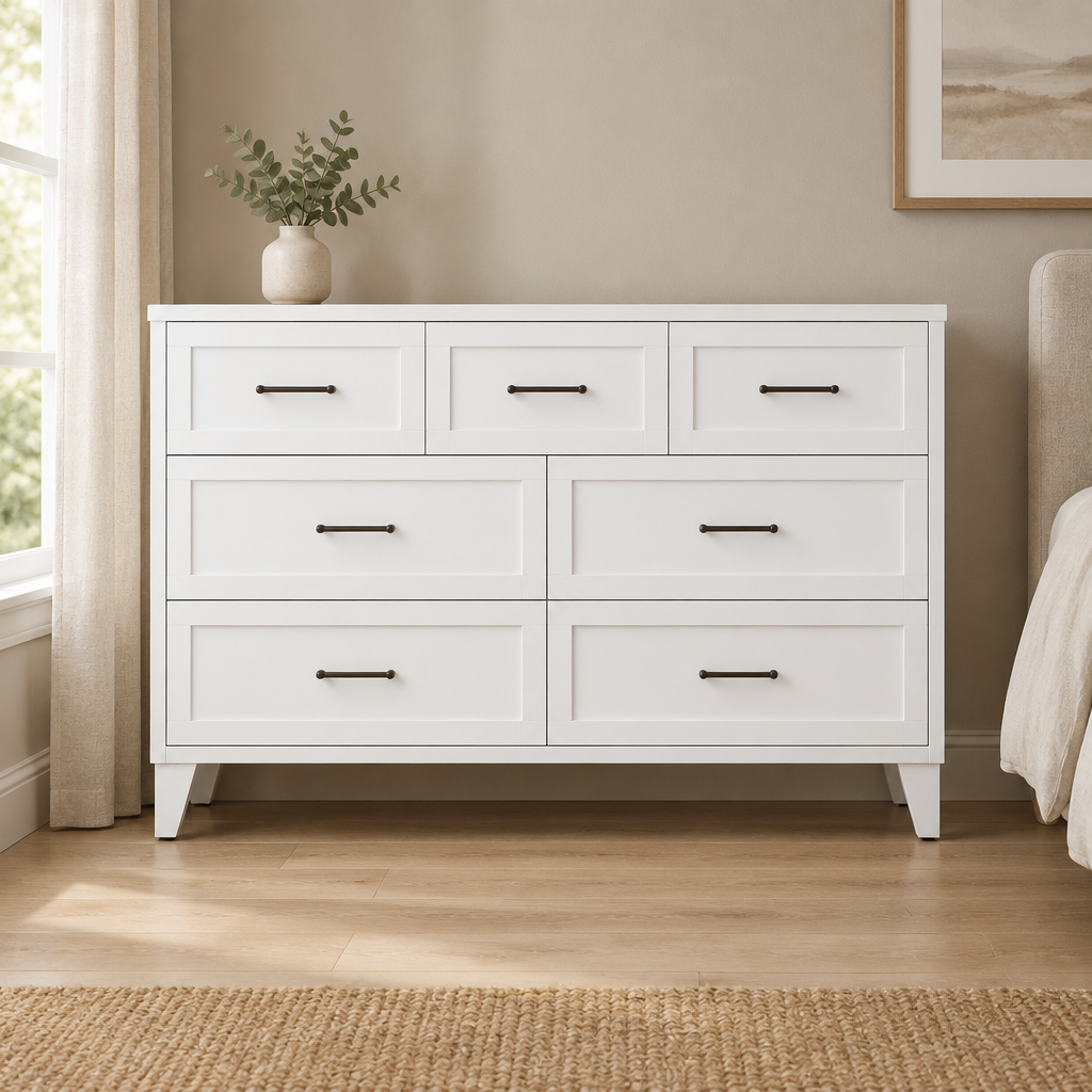 7-Drawer Metal Dresser, Wide Low-Profile – White — styled bedroom, front view