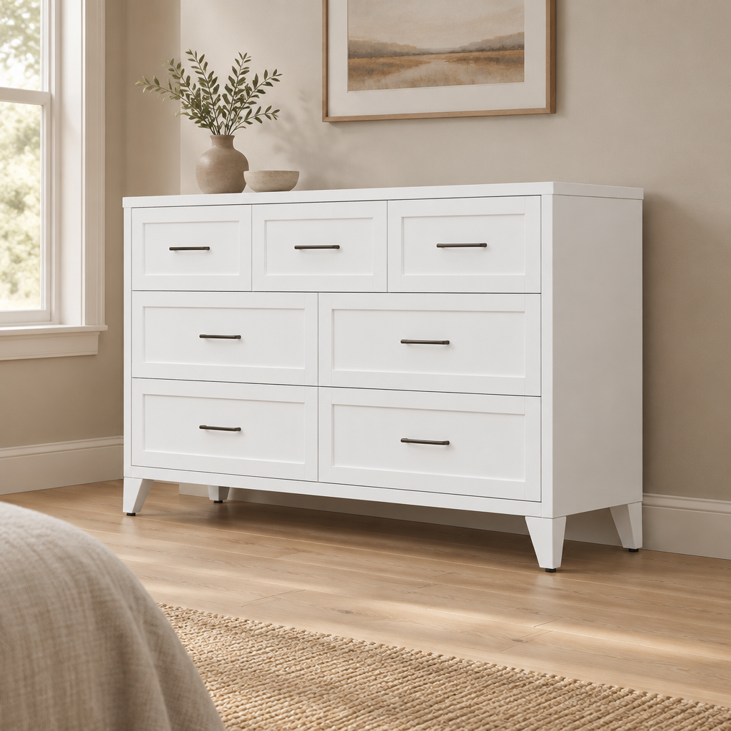 7-Drawer Metal Dresser, Wide Low-Profile – White — styled bedroom, three-quarter right view