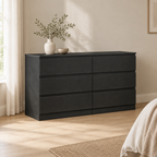 6-Drawer Dresser, Hidden-Handle Design – Black — styled bedroom, three-quarter left view