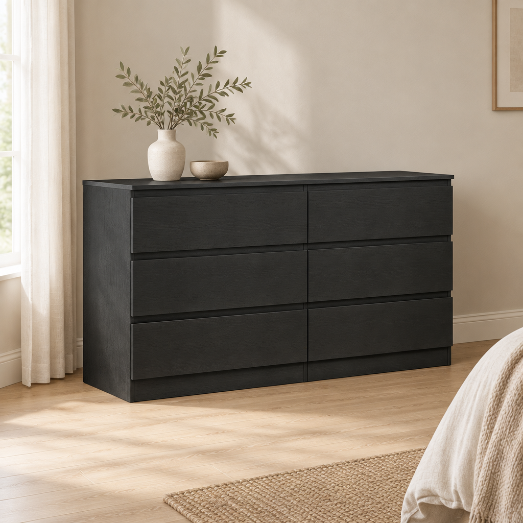 6-Drawer Dresser, Hidden-Handle Design – Black — styled bedroom, three-quarter left view