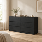 6-Drawer Dresser, Hidden-Handle Design – Black — styled bedroom, three-quarter right view