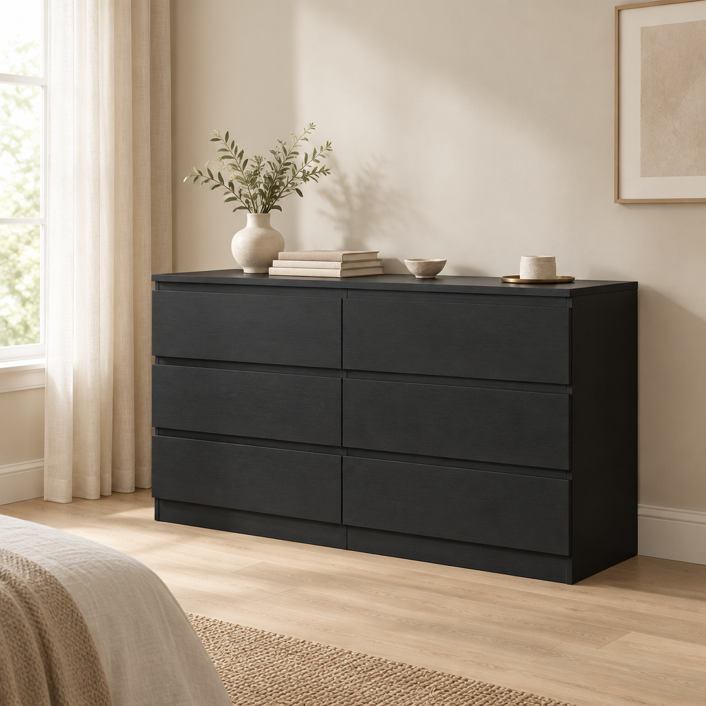 6-Drawer Dresser, Hidden-Handle Design – Black — styled bedroom, three-quarter right view