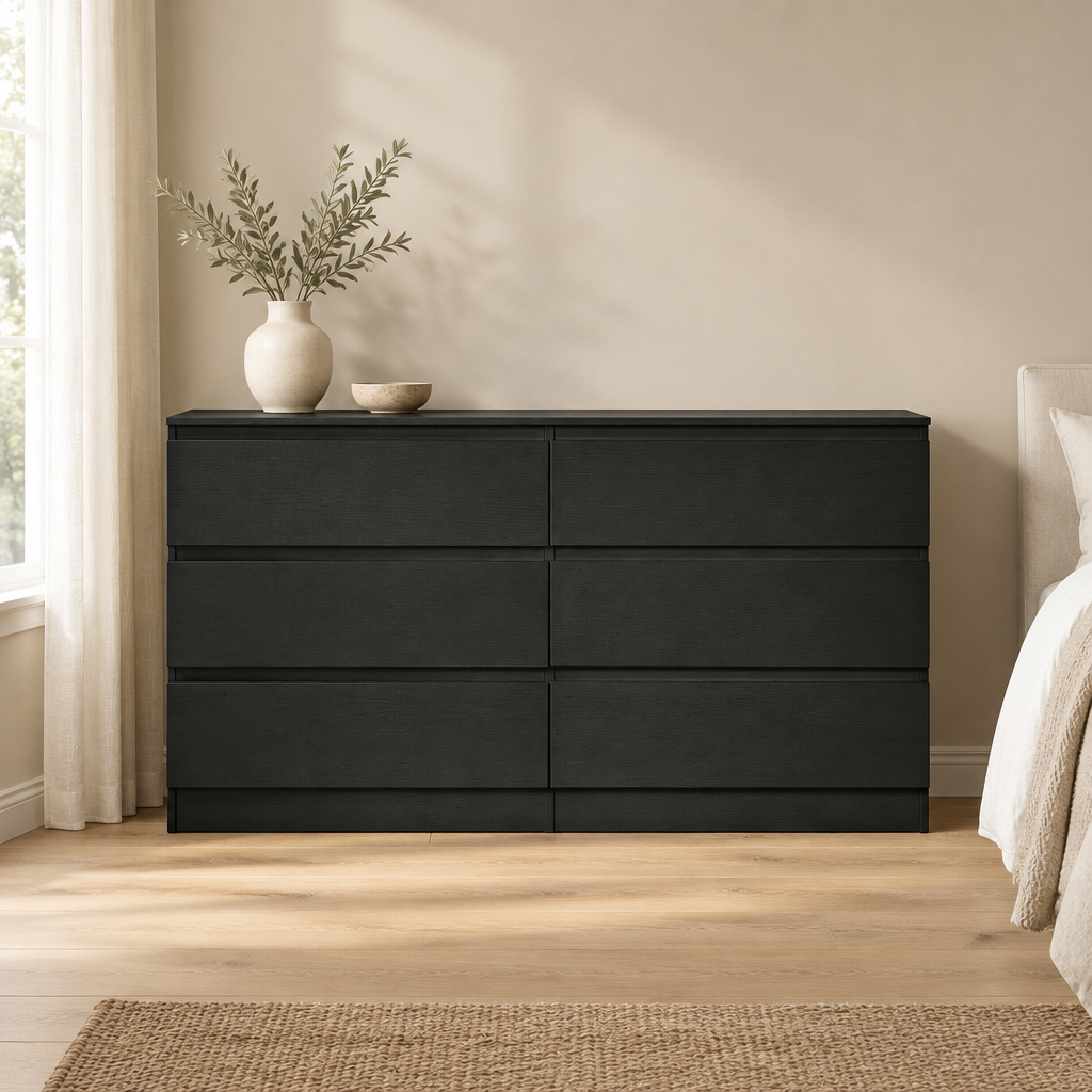 6-Drawer Dresser, Hidden-Handle Design – Black — styled bedroom, front view