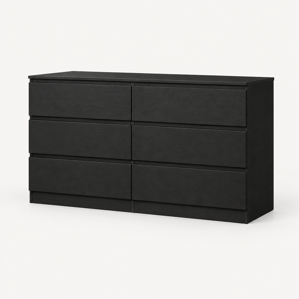 6-Drawer Dresser, Hidden-Handle Design – Black — studio product photo, three-quarter view