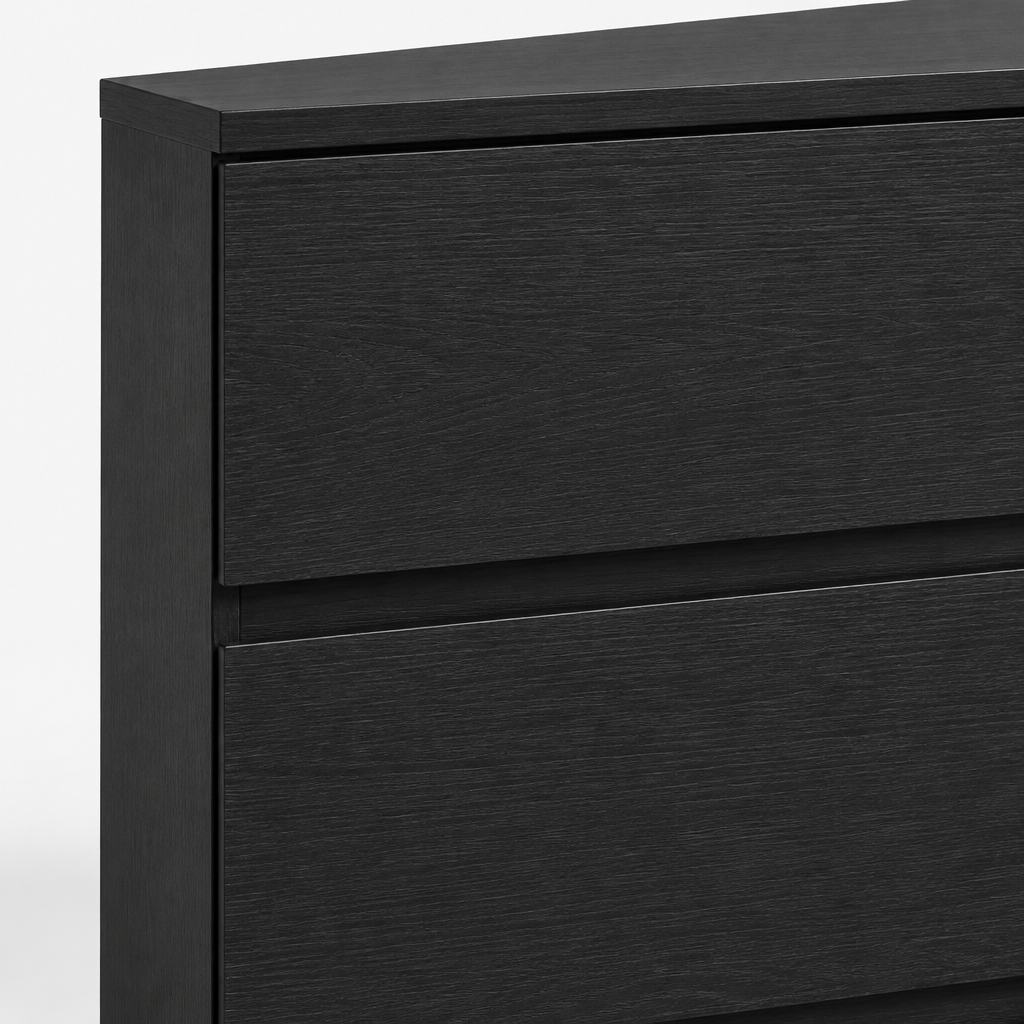 6-Drawer Dresser, Hidden-Handle Design – Black — close-up detail of hidden-handle drawer edge