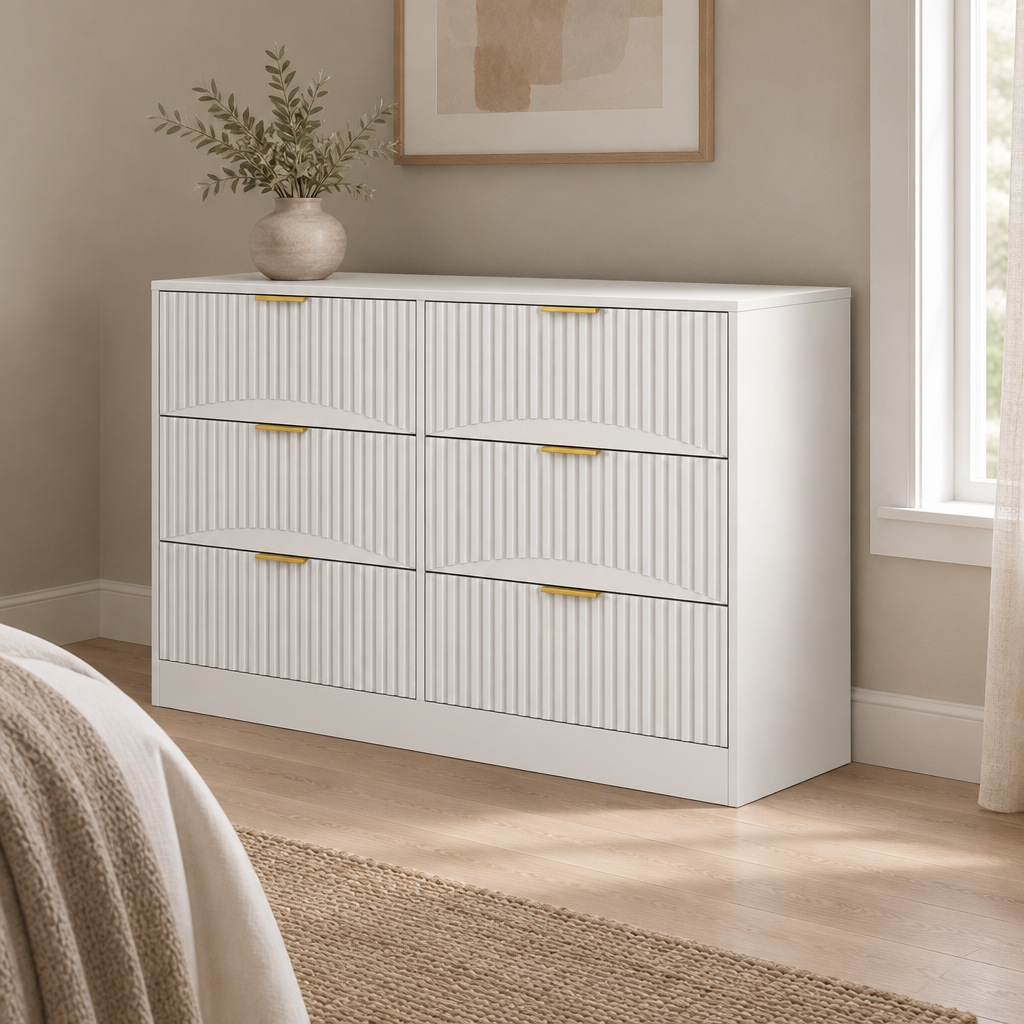 6-Drawer Dresser, Modern Chest of Drawers – White — styled bedroom, three-quarter right view