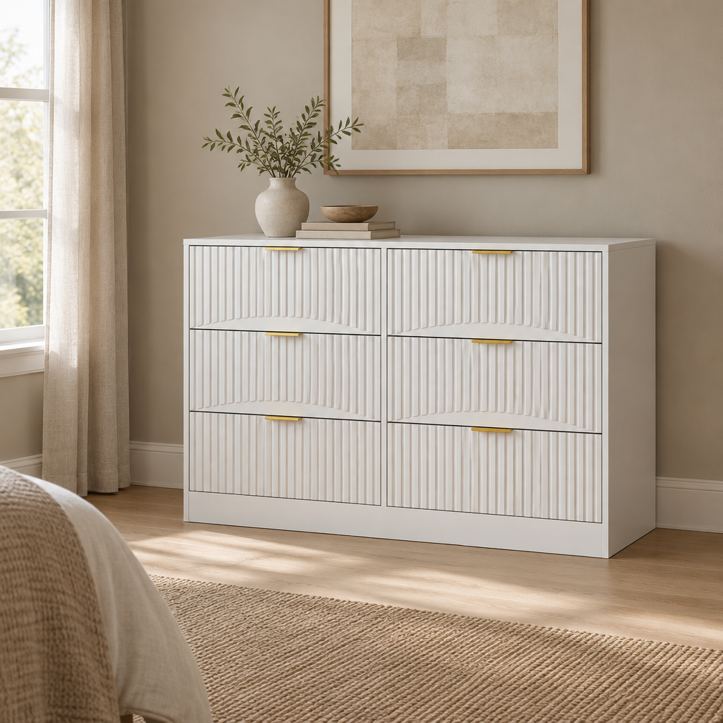 6-Drawer Dresser, Modern Chest of Drawers – White — wider bedroom scene